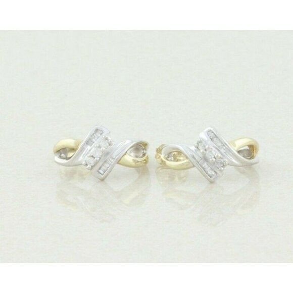 10k Yellow Gold Diamond Earrings J Hoop Earrings  .25 tcw hoops - Picture 2 of 8